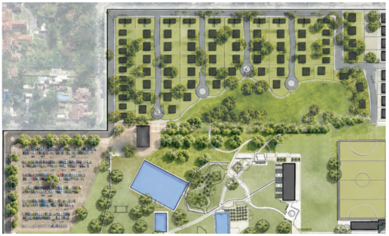 Plano de la Etapa 1 con el sector residencial, los espacios verdes, el estacionamiento, la pileta y una cancha